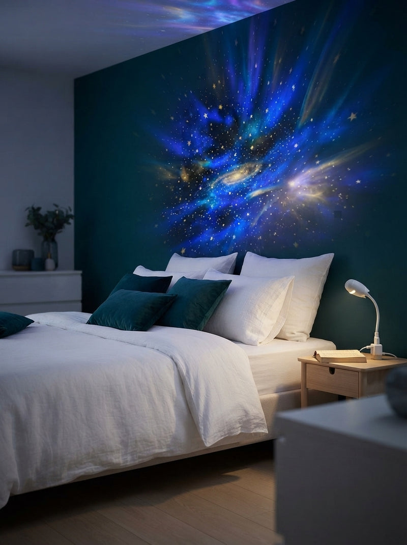 A premium galaxy projector lamp casting nebula light patterns on a teal bedroom wall with elegant, modern decor.