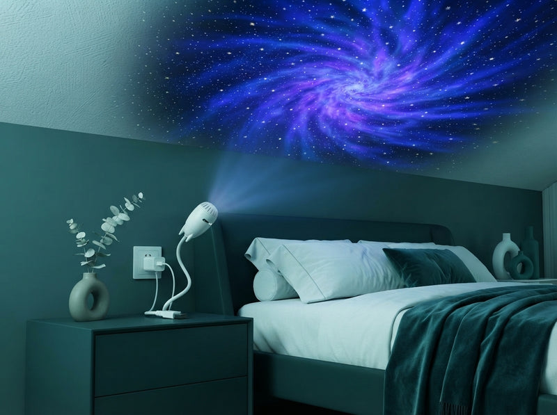 A galaxy projector lamp casting colorful star patterns onto a modern bedroom ceiling with elegant teal and white decor.
