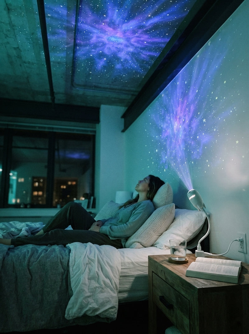 A person relaxing in a modern bedroom with nebula and star patterns projected onto the ceiling from a small lamp.
